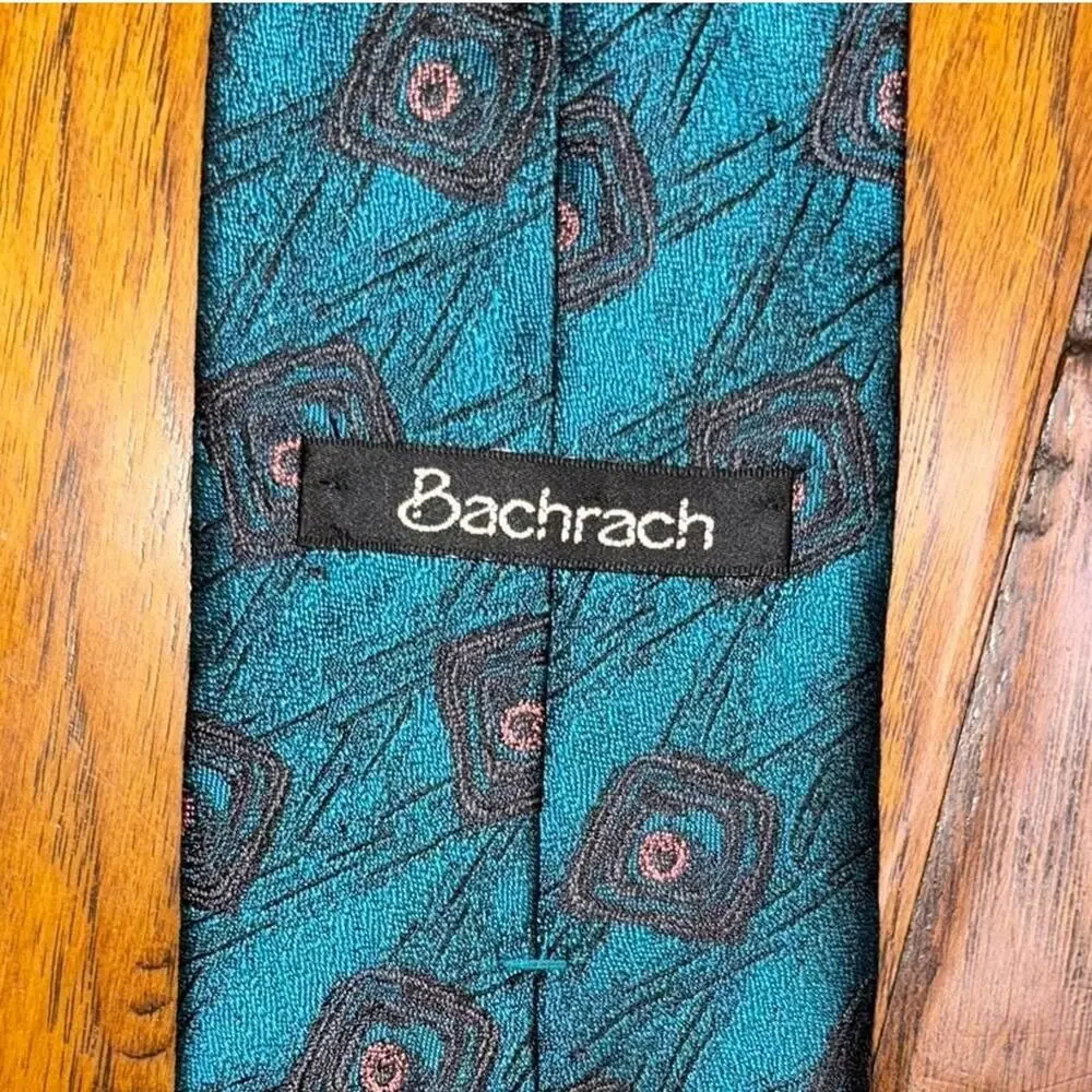 Bachrach Textured 100% Silk Repp Tie Made in USA Geometric Teal Blue & Black
